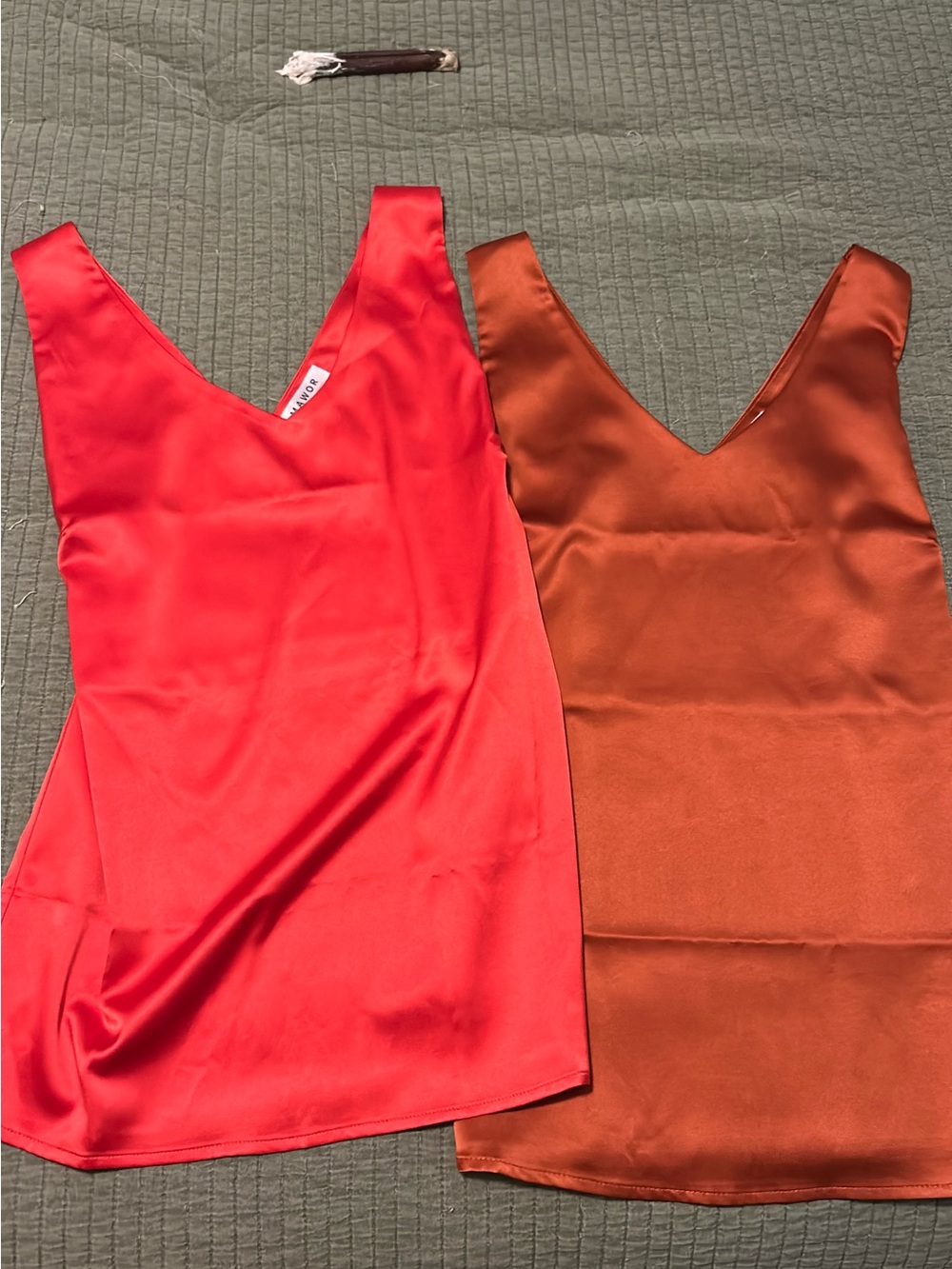 Amazon Satin V-Neck Tank Dress in Red and Rust